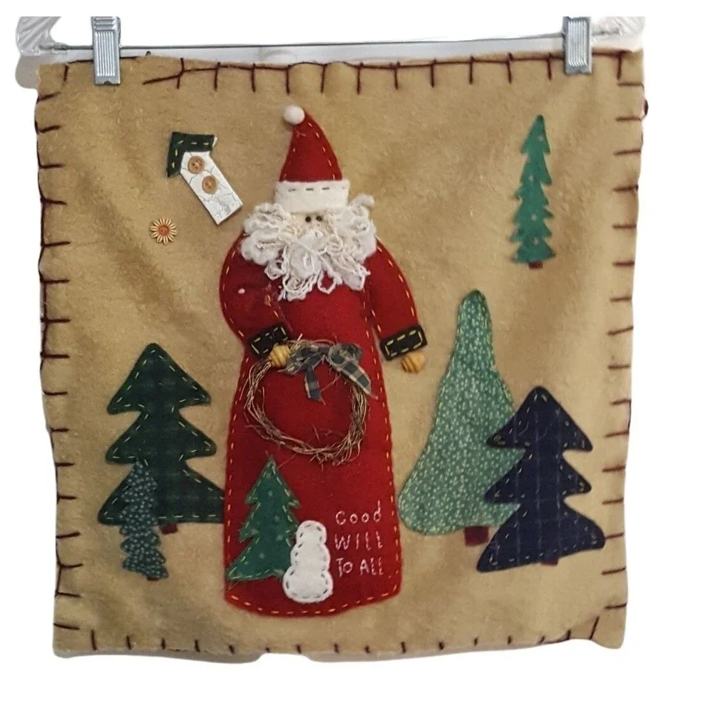 Vintage Santa Pillow Cover 3D Applique Burlap Felt Good Will to All 16 X 16